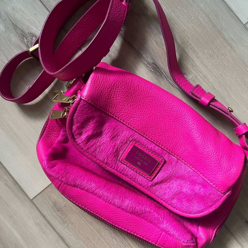Fossil Fuchsia Leather Calf Fur Preston Crossbody